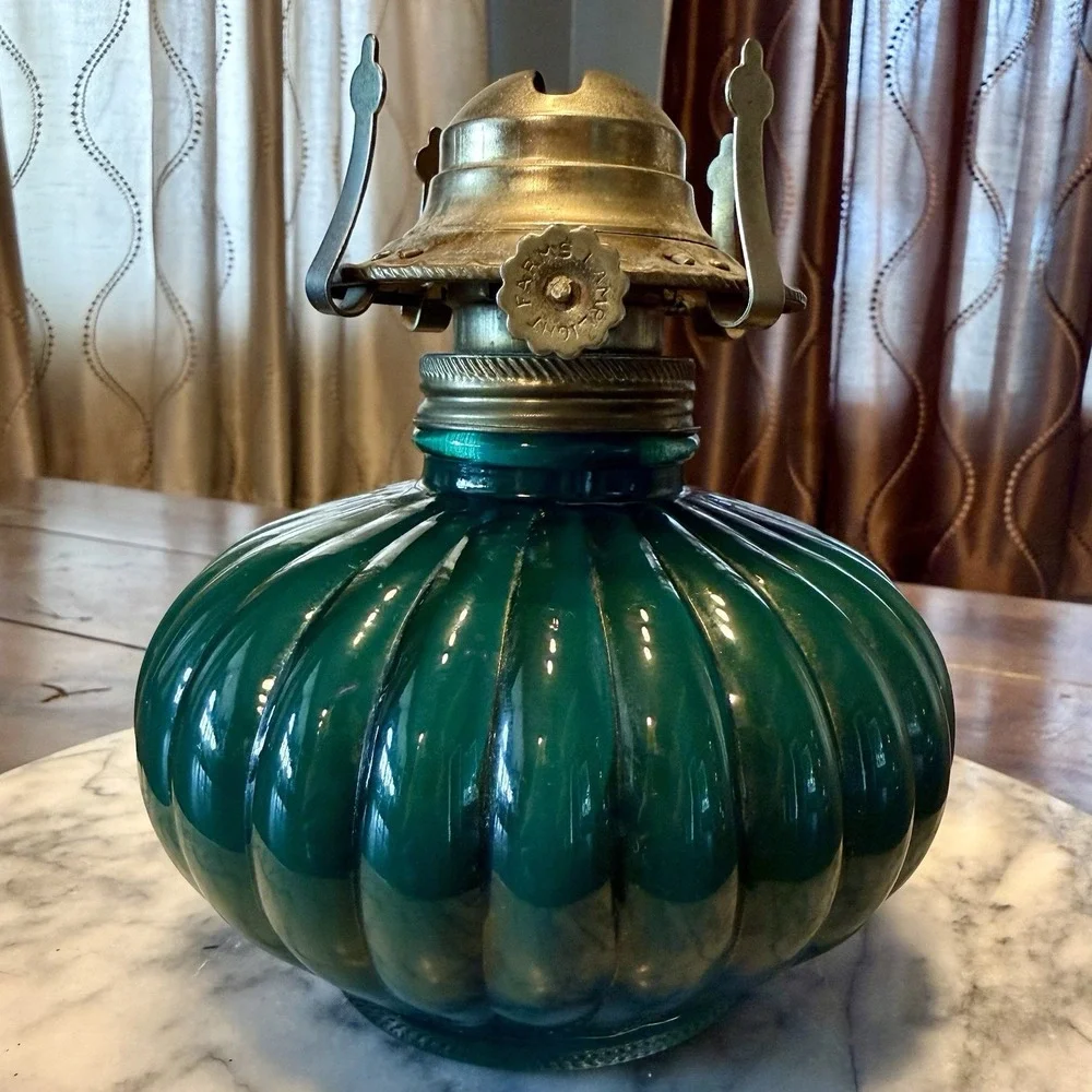 VTG Pumpkin Oil Lantern Lamp Lamplight Farms Green Glass Cottagecore 330 USA 13